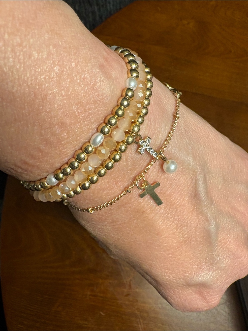 NWT Beaded Bracelet 4 piece set Gold toned Easter Religious Pink Pearls Dainty